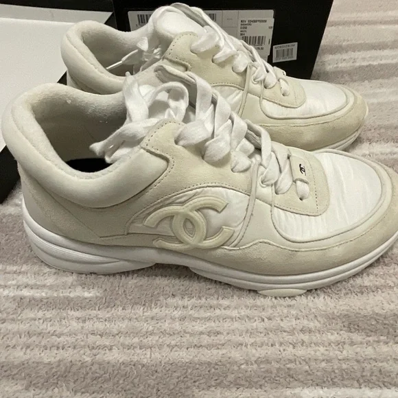 Chanel CC Off White Fabric Sneaker 38.5 - Picture 1 of 13